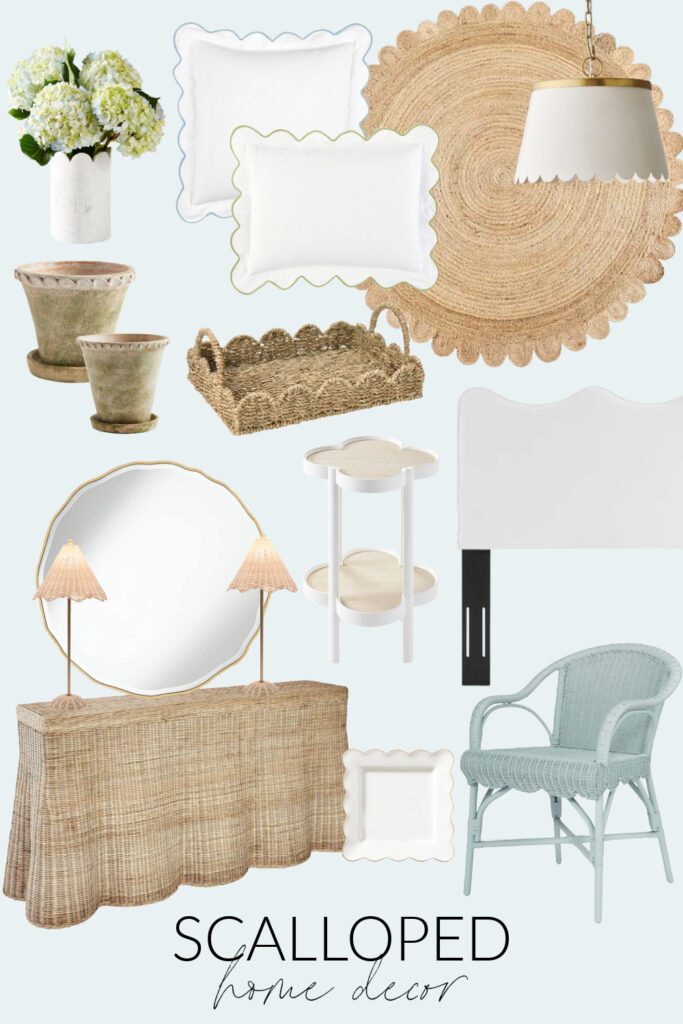 Cute scalloped home decor including a scalloped console table, scalloped rug, scalloped wicker armchair, scalloped accessories and more!