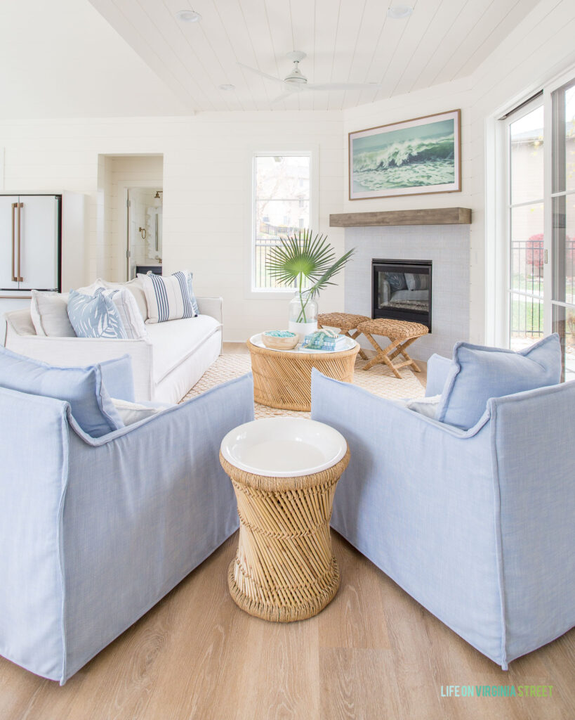 Sharing my top Serena & Lily sale picks, including our blue upholstered swivel chairs, natural sofa, round bamboo coffee table, seagrass stools, and blue and white outdoor throw pillows!