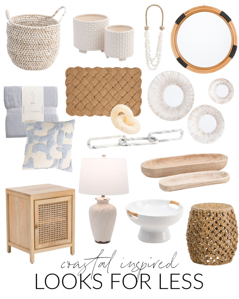 Coastal inspired looks for less from my TJ Maxx home decor finds! Includes a cane cabinet, palm lamp, knot rug, rattan mirror, rattan stool, wood bowls, woven basket, and bubble dot planters!