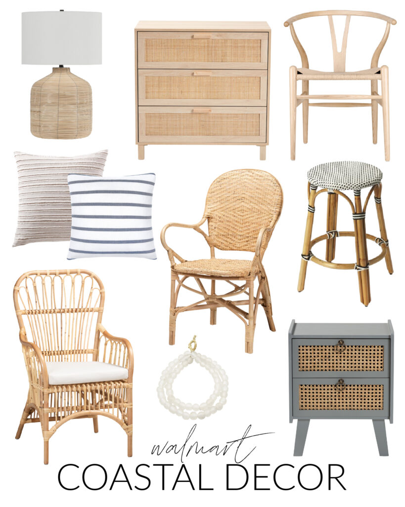 Walmart coastal decor including rattan chairs, cane nightstands, recycled glass beads, striped pillows, a rattan lamp, and woven counter stools!