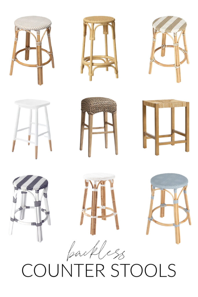 A collection of modern coastal backless counter stools that work perfectly in a kitchen or home bar area. Includes woven backless counter stools, wood options, colored and neutral options, and many more!