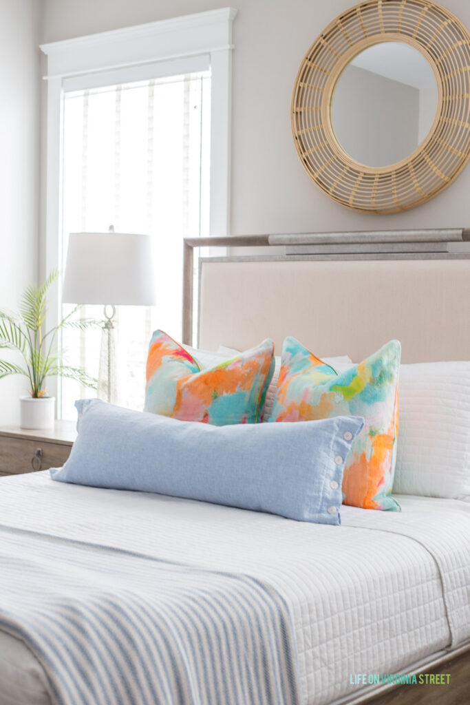 Blue Linen Lumbar Pillow on Striped Bed - Cottage - Bedroom