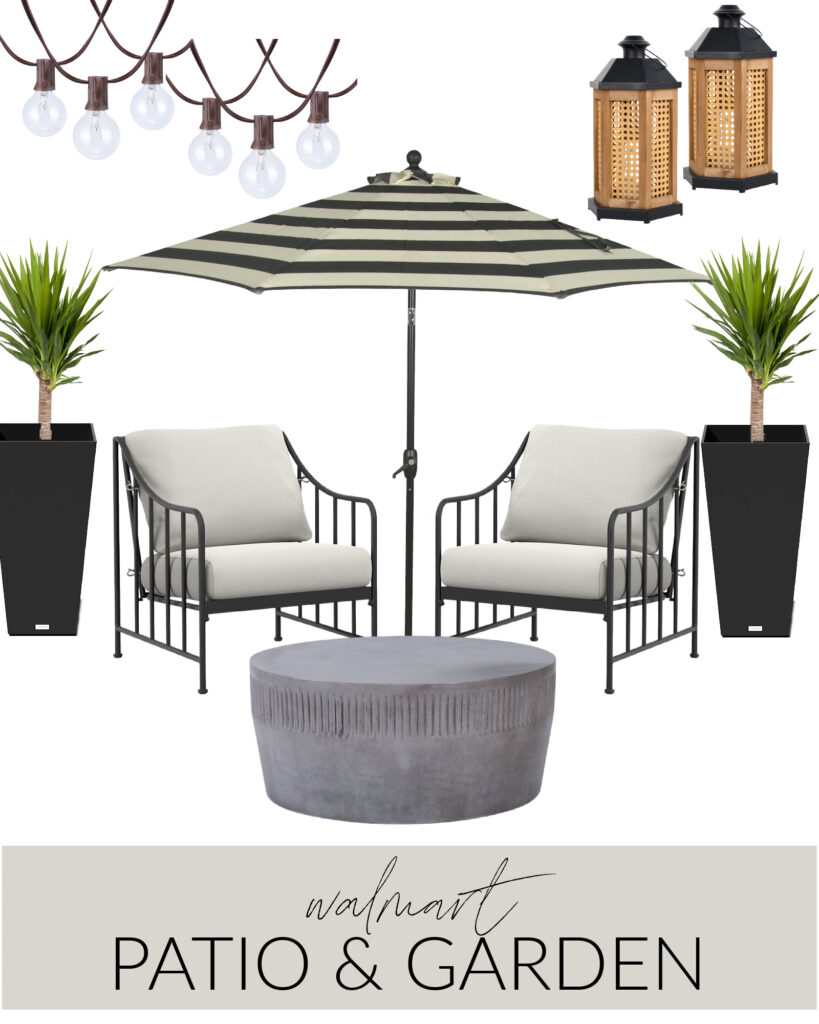 Walmart patio decor & garden finds, including black metal outdoor chairs, and striped outdoor umbrella, tall resin planters, cane lanterns, and a round concrete coffee table.