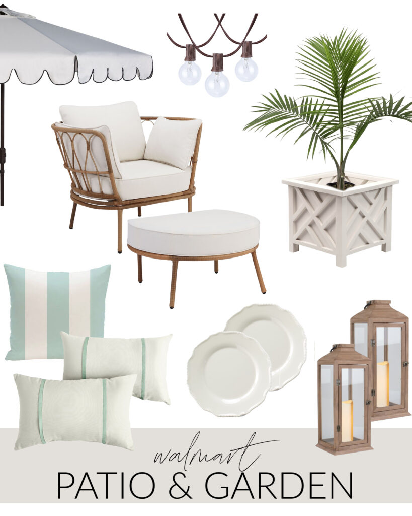 Walmart patio decor and garden ideas including a scalloped umbrella, outdoor lounge set, white chippendale planters, wood lanterns, striped out door pillows, string lights, and scalloped melamine plates.