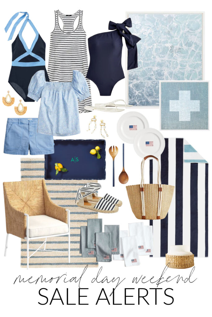 The Best 2022 Memorial Day Weekend Sales for both home decor and women's fashion. Includes a mix of patriotic blue and white outfits and coastal decorating ideas!