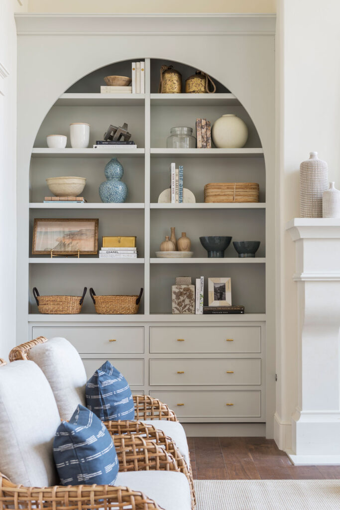 Beautiful arched built-ins painted Benjamin Moore Gray Owl, one of my top picks for the best gray paint colors.