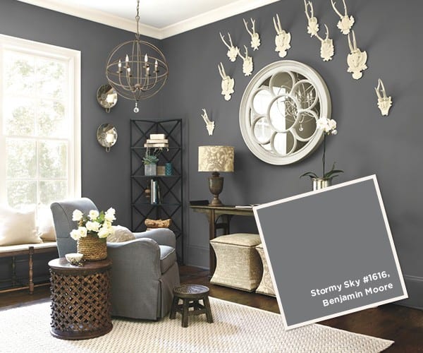 Benjamin Moore Stormy Sky walls in a moody home office.