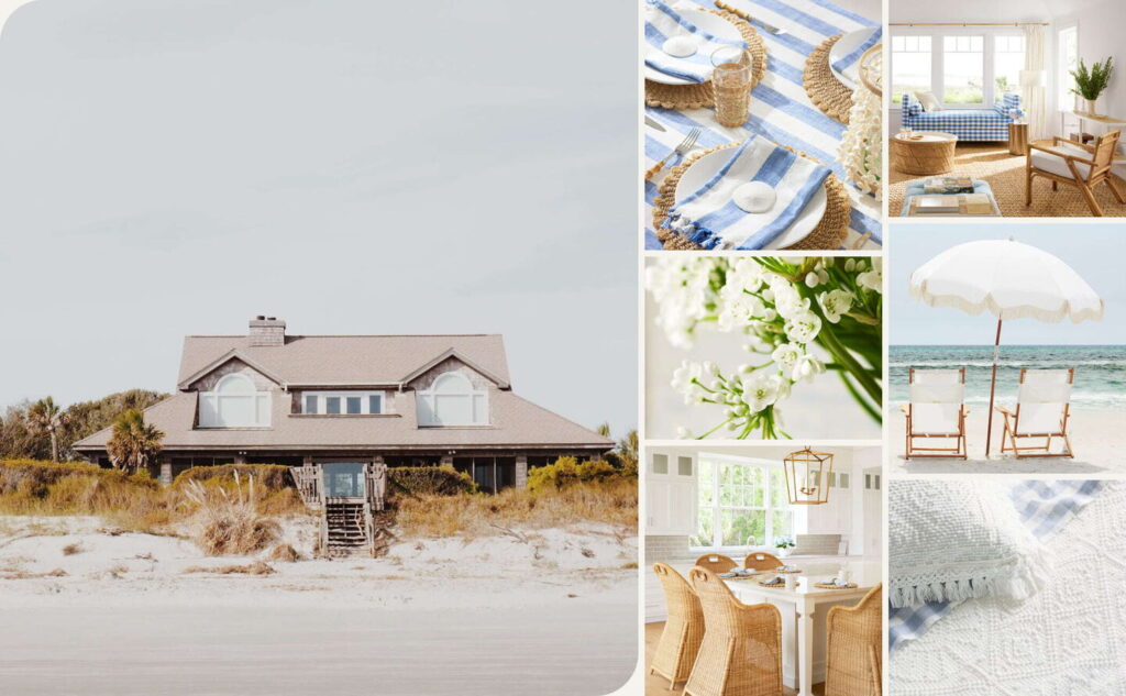 A collection of images inspired by the coastal grandmother trend, including blue and white striped napkins, gingham furniture, white umbrella and beach chairs, cozy blankets, and white sand.
