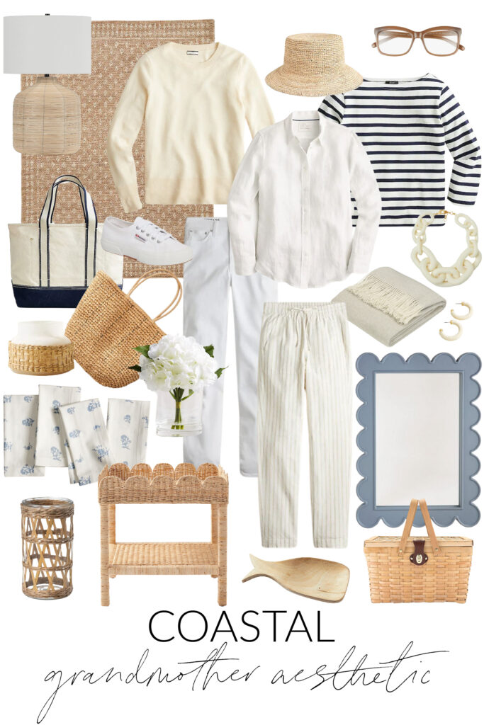 My top picks for achieving the coastal grandmother aesthetic in your home decor and wardrobe! Includes linen pants, raffia lamps, straw totes, blue and white block print napkins, bucket hats, cashmere sweaters, and more!