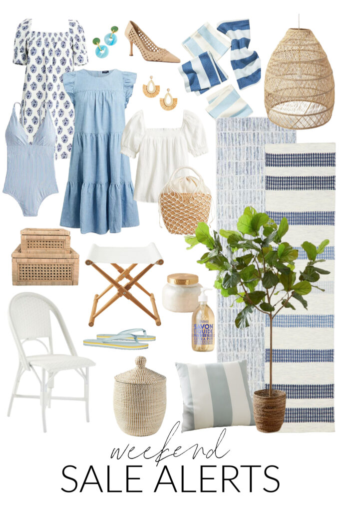Top picks from the best weekend sales including a block print dress, chambray dress, striped rug, faux fig tree, white bistro chair, cane boxes, basket pendant light and more!