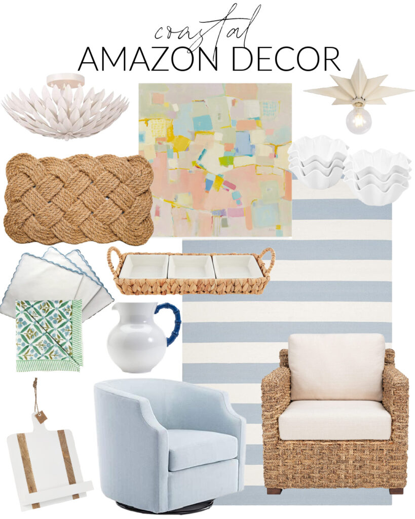 Colorful coastal decor from Amazon including a striped rug, woven chair, blue swivel chair, colorful abstract art, block print napkins and more!