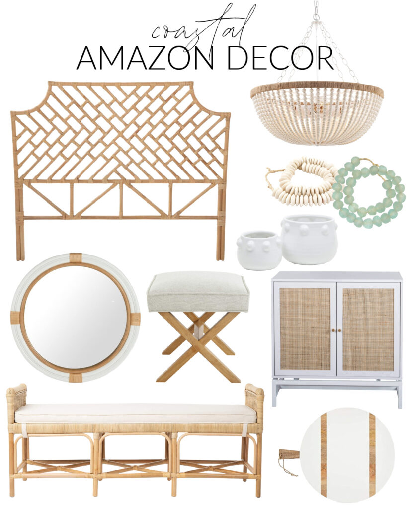 Amazon coastal decor finds including a rattan chippendale headboard, bead chandelier, rattan cabinet, woven bench, white serving board, bubble planters and more!