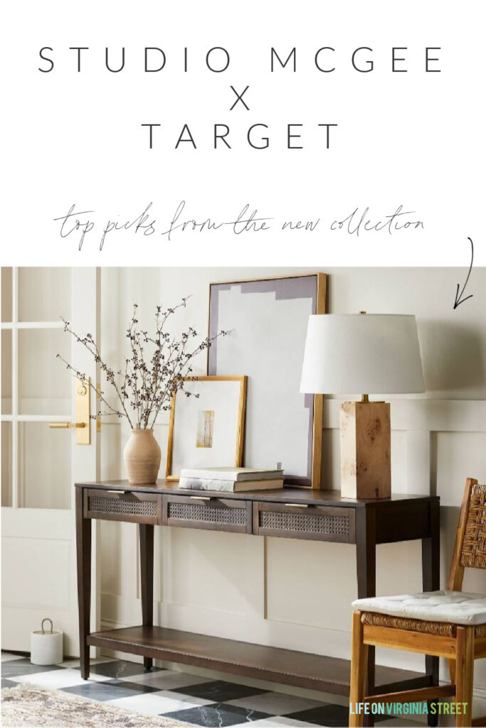 Beautiful new releases from the new Studio McGee Threshold line at Target! Includes a dark brown cane console table, brown abstract art, a burl wood table lamp, gold gallery frame, and a woven chair.