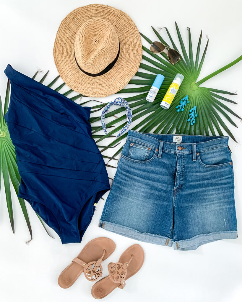 The Summersalt swim sale includes my favorite Sidestroke swimsuit! Also shown is a sun hat, denim shorts, sandals, and my favorite sunscreens!