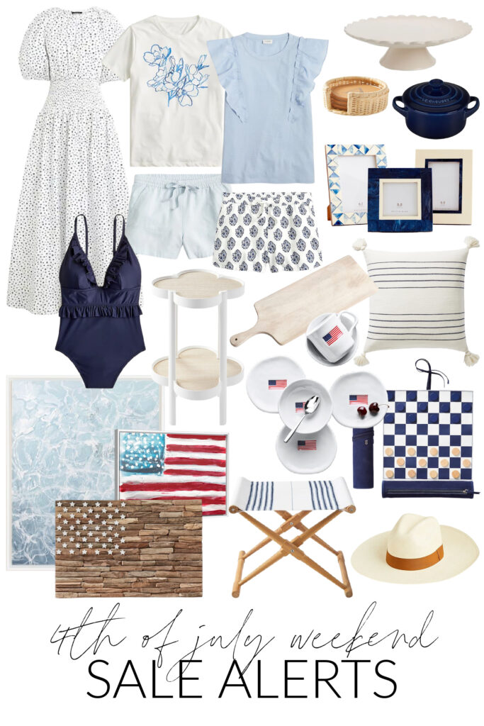 The best 4th of July weekend sales for both home decor and women's fashion. Includes American flag art, patriotic outfit ideas, road trip games, American flag dishes, a blue striped stool and more!