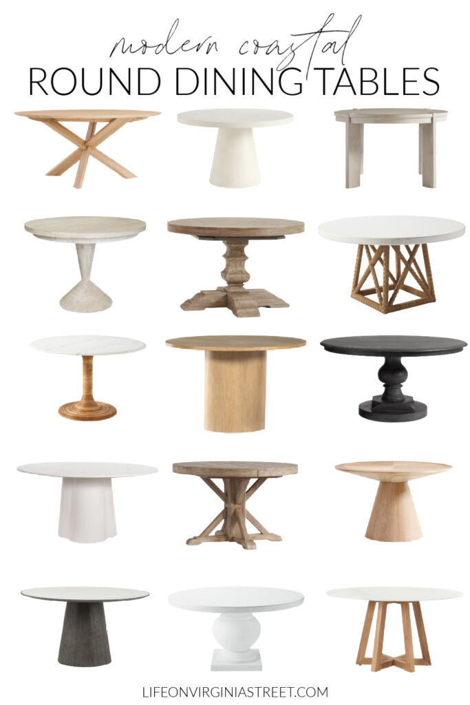 A collection of modern coastal round dining tables in a variety of finishes and leg styles!