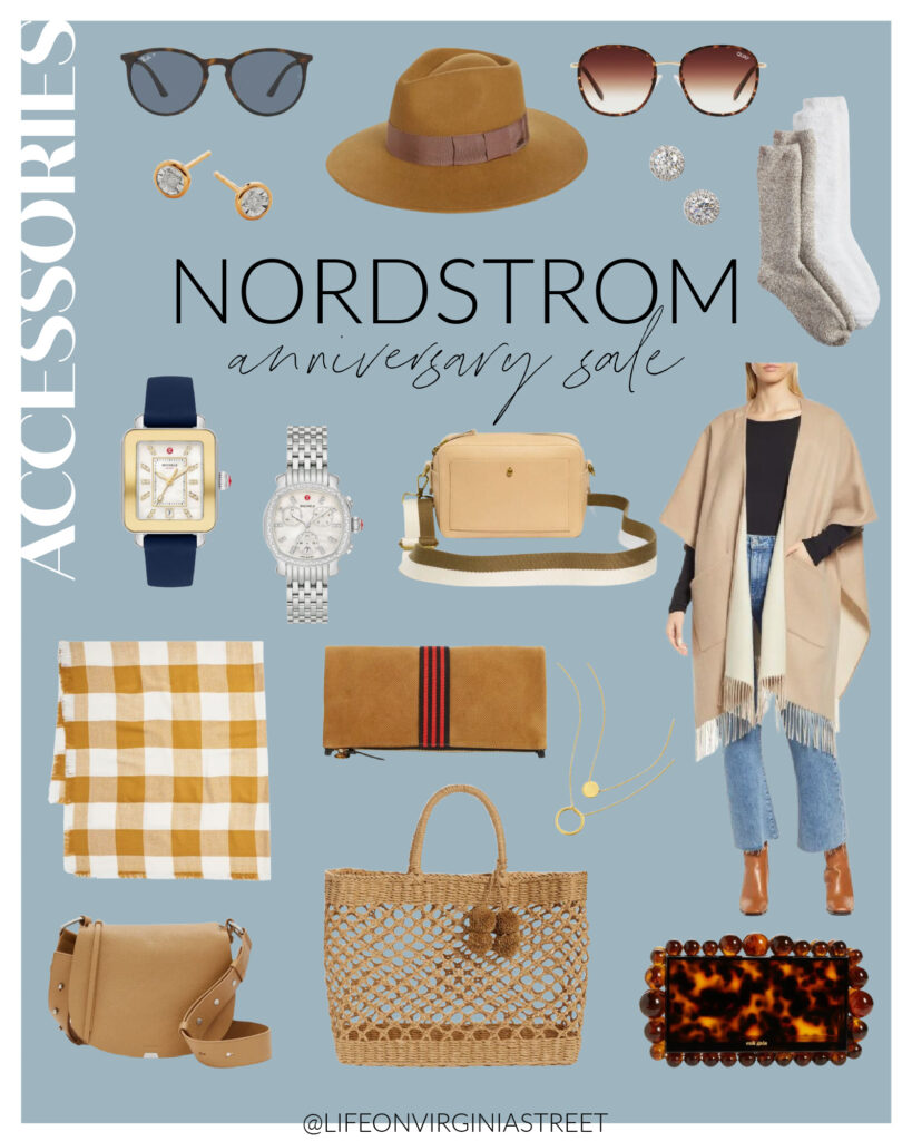 My 2022 Nordstrom Anniversary Sale Picks for accessories, including stud earrings, sunglasses, Michele watches, cozy socks, a beach tote, tortoiseshell clutch, camera bags, a plaid blanket scarf, wool hat and more!