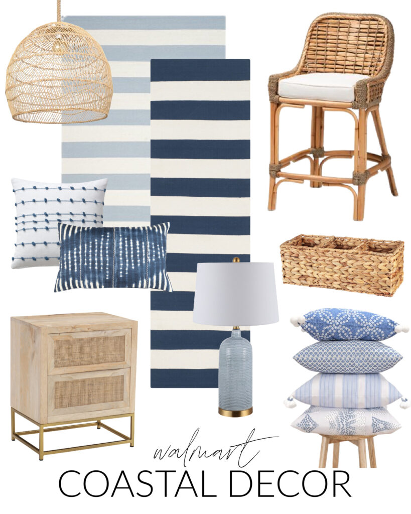 Walmart coastal decor including striped rugs, woven counter stool, rattan cabinet, rattan pendant light, shibori pillow, blue ceramic lamp, and woven basket.