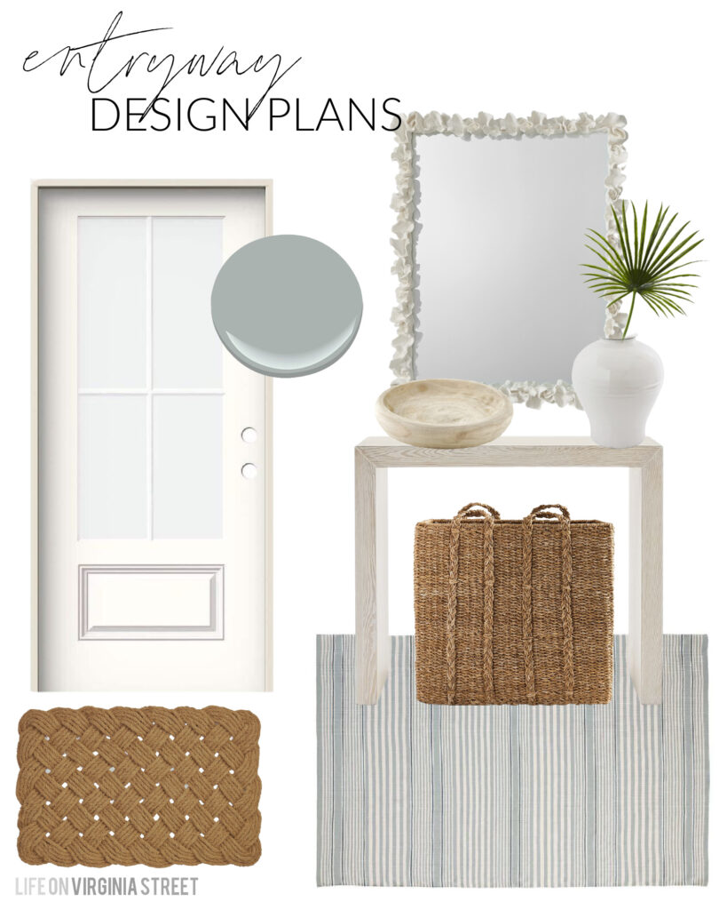 Florida Coastal Cottage Design Plans for our entryway include a coral mirror, striped rug, light wood console table, a seagrass basket, and wood bowl to act as a catchall!