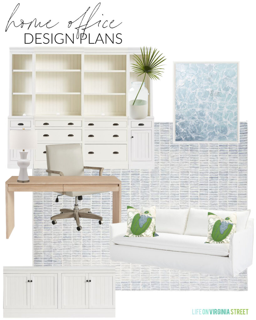 Coastal cottage home office plans, including a light wood desk, white bookcases, a blue and white patterned rug, water art, a white sofa, and blue and green accents!