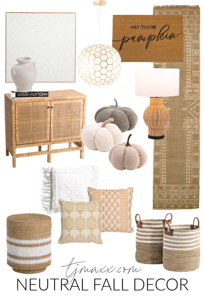 A collection of TJ Maxx neutral fall decor finds that are perfect for autumn decor in your home! Includes a rattan cabinet, a wood rug, neutral faux pumpkins, a capiz pendant light, cozy pillows, and more!