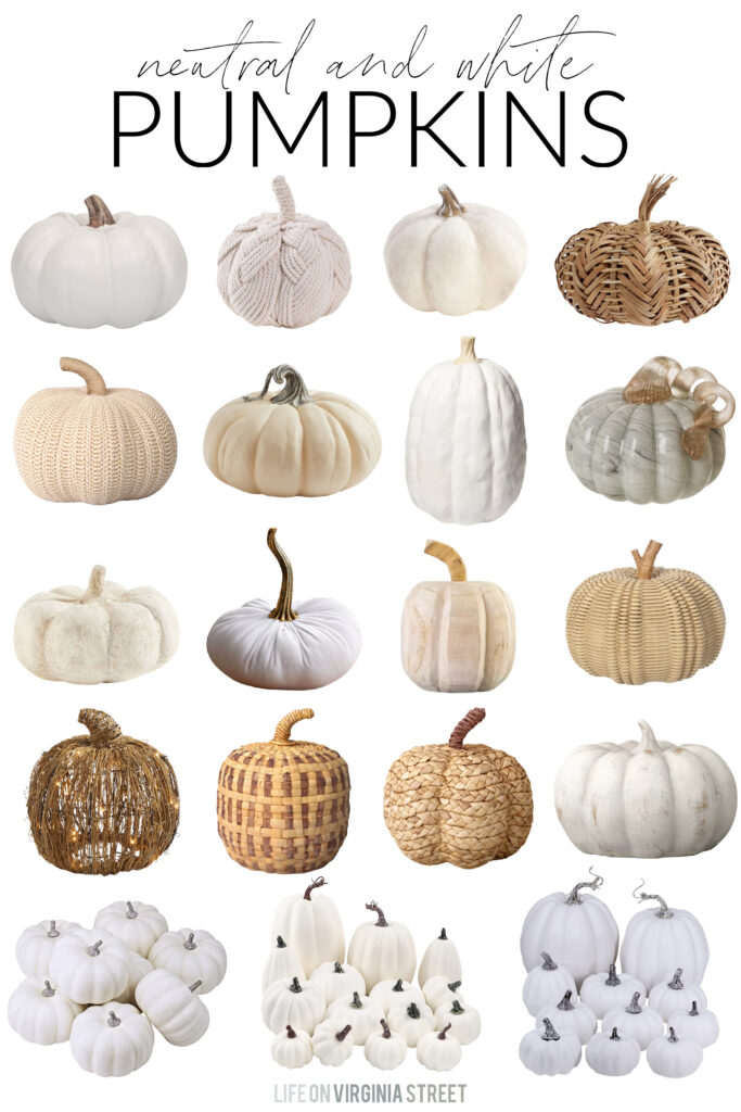 A collection of neutral and white pumpkin decor perfect for the fall season or Halloween and Thanksgiving! Includes ceramic pumpkins, rattan pumpkins, woven pumpkins and more!