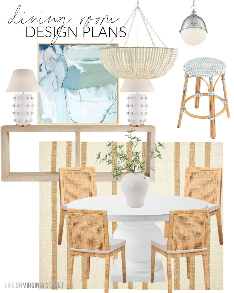 A mood board for a modern coastal dining room, including a round white dining table, striped jute rug, rattan dining chairs, a white wood bead chandelier, and blue abstract art.