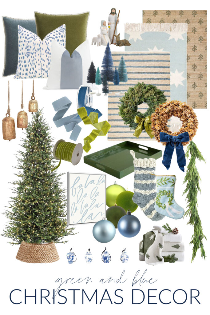 Green and blue Christmas decor favorites including blue and green velvet ribbon, moss ornaments, a bleached pine cone wreath, realistic faux garland, a seagrass tree collar, mini ginger jar ornaments, blue bottle brush trees, and more!