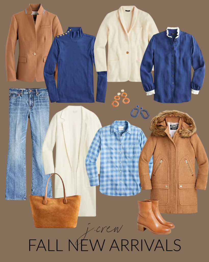 Casual fall outfit ideas, including a wool blazer, button collar turtleneck, sweater blazer, wool coat, demi boot cut jeans, a light blue plaid flannel shirt, boots, and a suede tote.