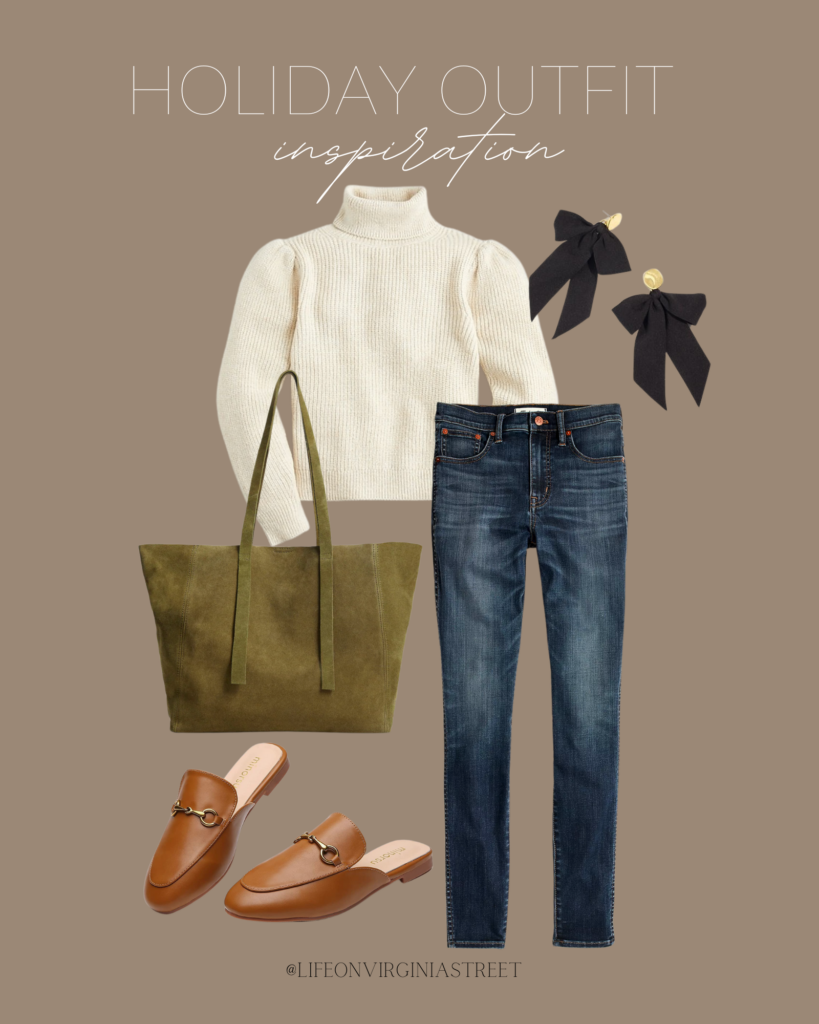 A holiday outfit idea with a puff-sleeve turtleneck, skinny jeans, a suede tote, loafers, and large bow earrings.