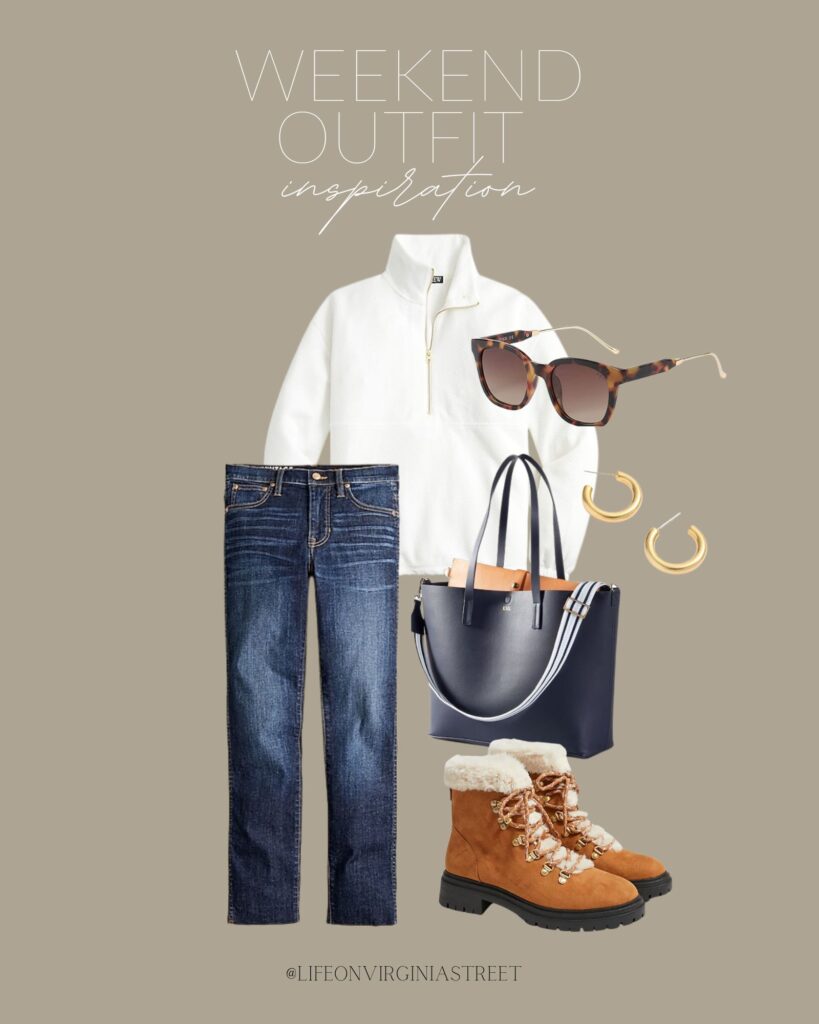 A cute outfit for the weekend including a quilted half-zip pullover, straight jeans, faux fur boots, a navy blue tote, gold hoop earrings, and tortoiseshell sunglasses.