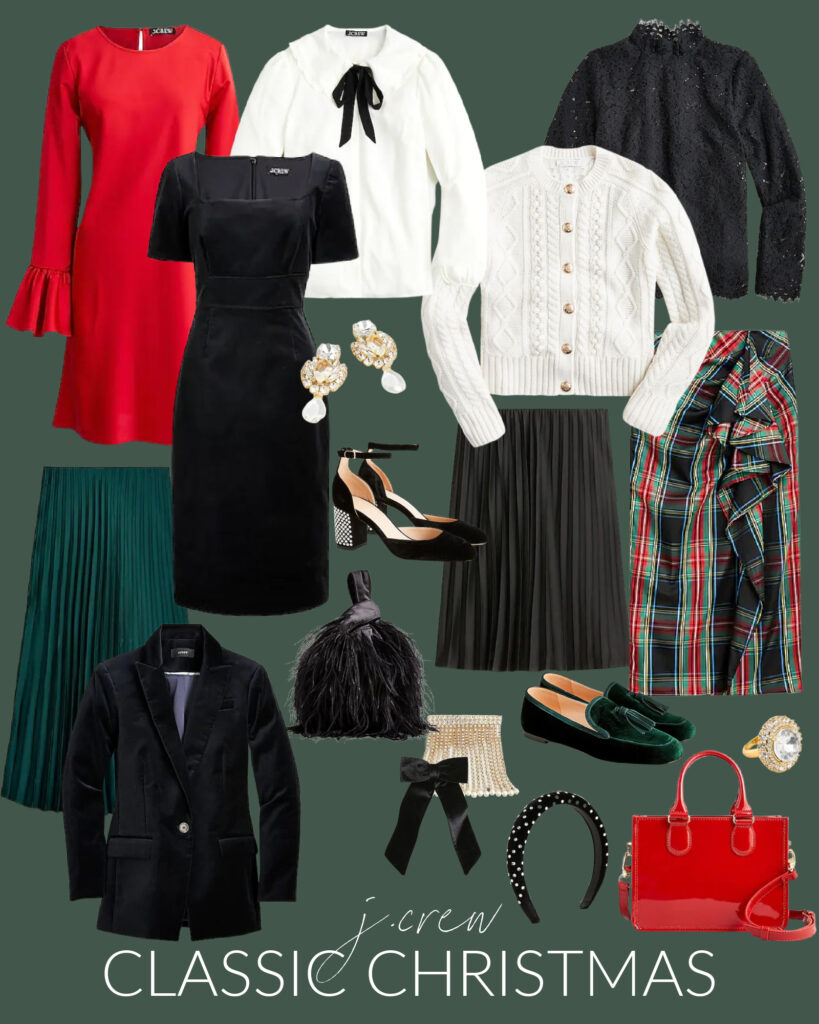 Festive outfit ideas that are perfect for Christmas and New Year's Eve! Includes a red ruffle sleeve dress, pleated skirts, a ruffled Stewart plaid skirt, tartan plaid clothes, a cableknit cardigan, velvet blazer, patent leather purse, lace top, feather bag, and velvet loafers.
