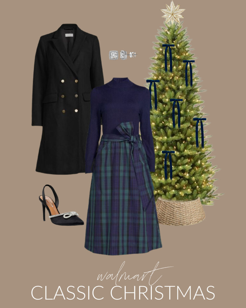 A festive Walmart outfit idea with a plaid sweater dress, double breasted black coat, black and crystal bow pumps, a faux Christmas tree with navy blue velvet bows, and a woven tree collar.