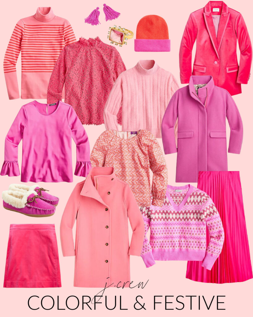 Casual and festive outfit ideas in shades of pink! Includes a pink velvet blazer, ruffle sleeve top, fair isle cashmere sweater, pleated skirt, lace top, colorful beanie hat, velvet skirt and beaded tassel earrings.