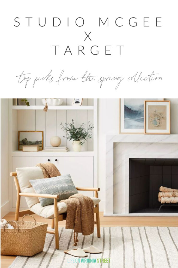 Spring 2023 Studio McGee Collection at Target finds including a slingback chair, striped rug, tapered basket, beach art, and cozy throw blanket.