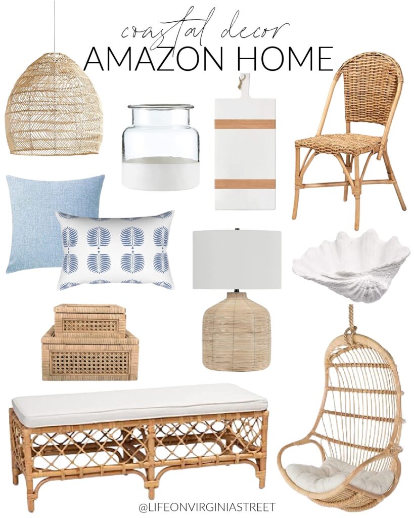 Coastal decor from Amazon including a rattan bench, rattan basket pendant light, woven dining chair, blue pillow with palm prints, an oversized rattan lamp, rattan hanging chair, a white wood serving board, a paint dipped vase and an oversized clamshell decor.