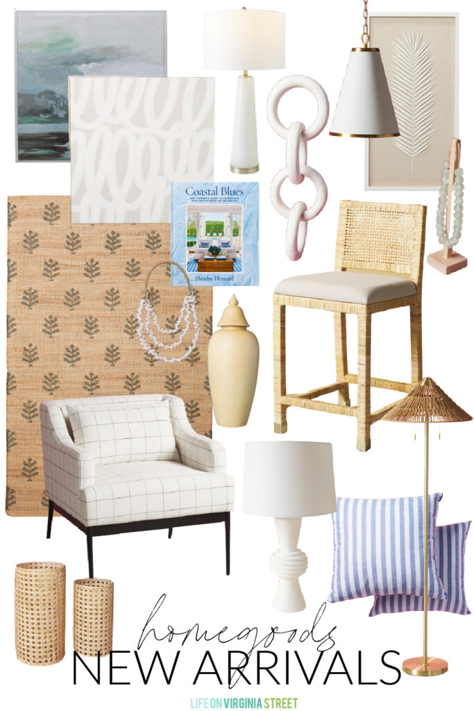 HomeGoods online home decor picks including a rattan counter stool, cone shade floor lamp, abstract art, beautiful white lamps, cozy armchairs, and coastal art all for less!