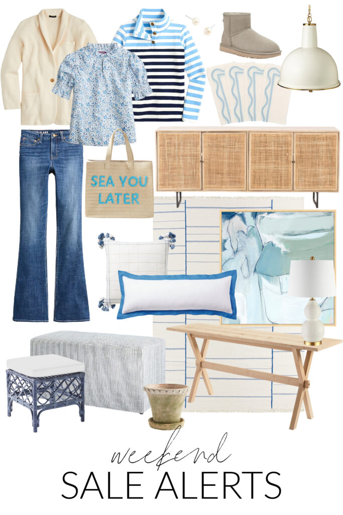 My top picks from the best weekend sales, including a rattan console table, flare jeans, a cozy cocoon sweater, striped pullover, striped ottoman bench, oversized pendant light, blue patterned rug, abstract art and more!