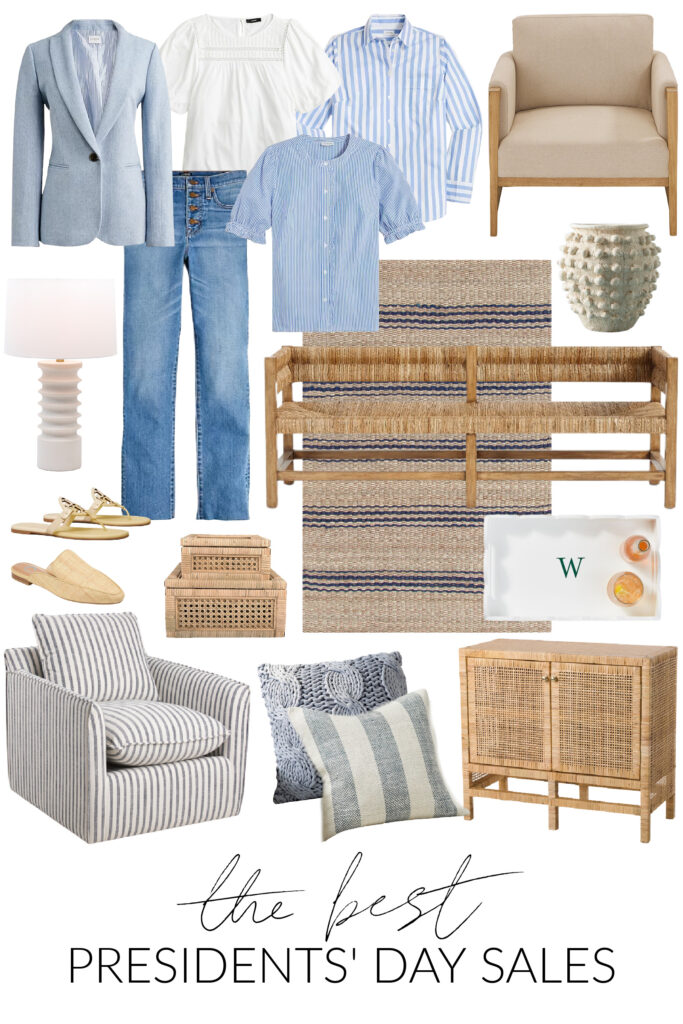 My top picks from the best 2023 Presidents' Day Weekend Sales including a striped jute rug, linen blazer, striped swivel chair, rattan cabinet, raffia shoes, a woven bench, textured pot, striped shirt, cane stacking boxes and blue throw pillows!