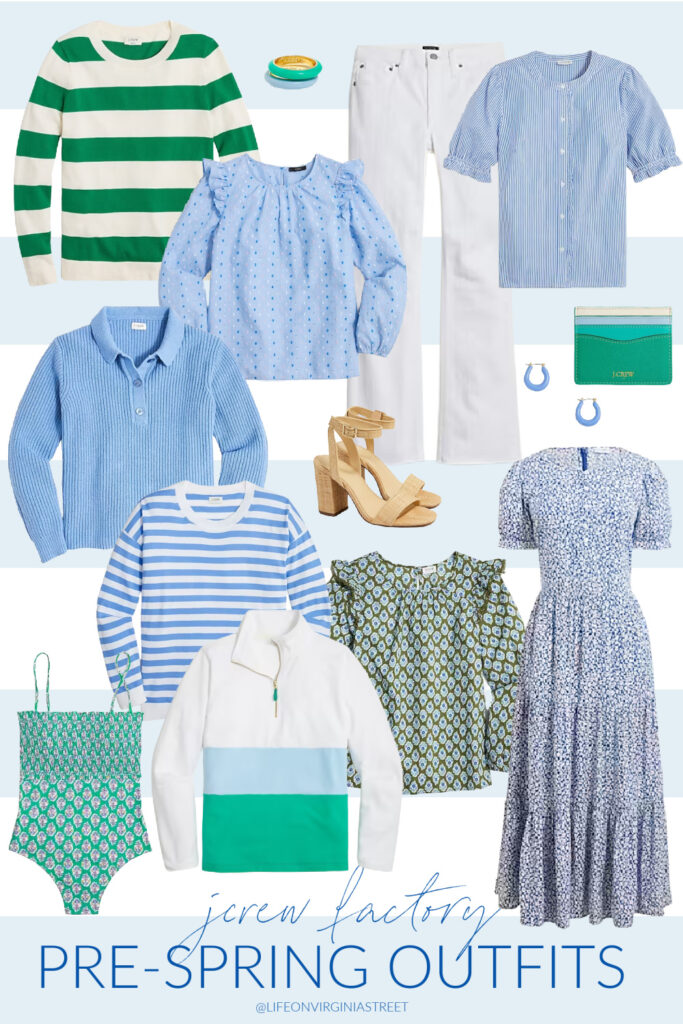 Cute arrivals from J. Crew Factory for women. Perfect for late winter and early spring outfit ideas! Includes a green striped sweater, block print ruffle top, colorblock pullover, block print smocked swimsuit, raffia heels, and more!