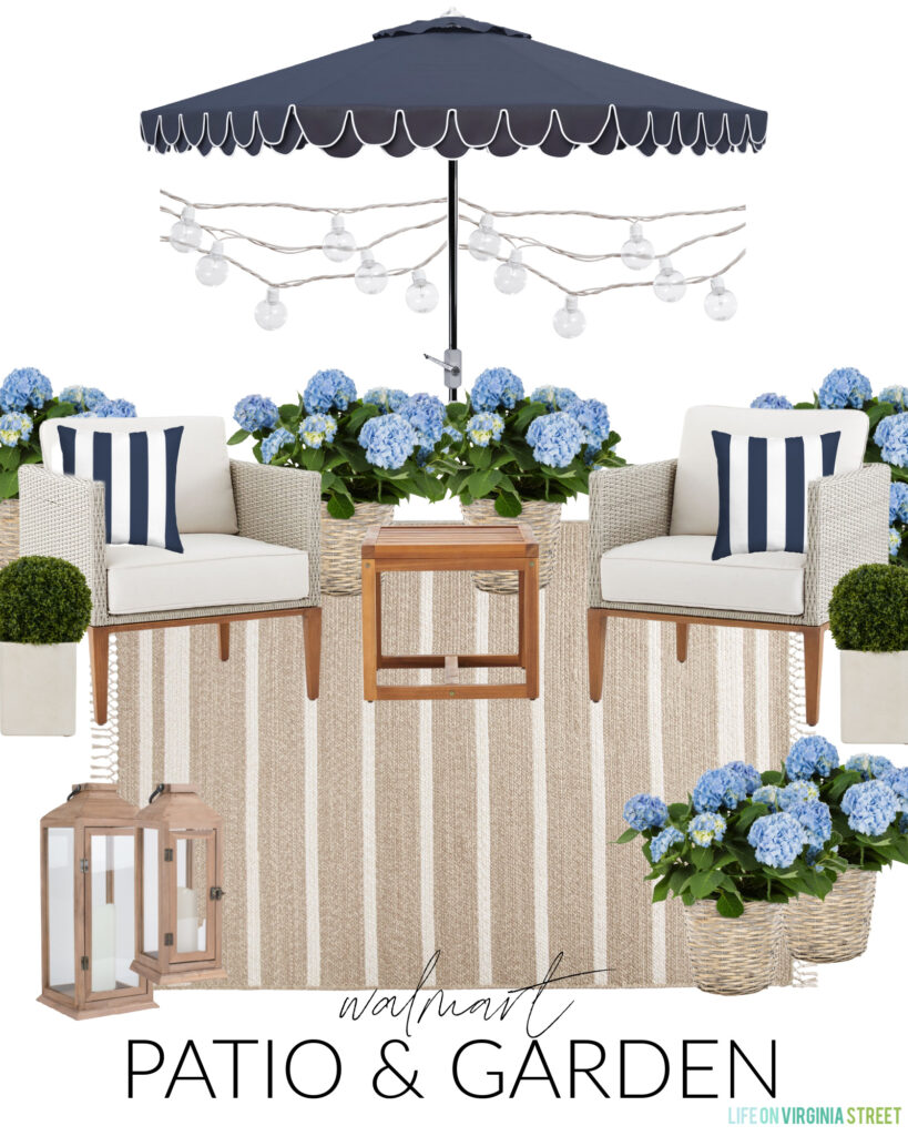 Walmart patio design board featuring a navy blue scalloped rug, wood & woven patio furniture, a striped outdoor rug, blue hydrangeas in wicker baskets, striped outdoor pillows, string lights, wood lanterns, and faux boxwood planters.