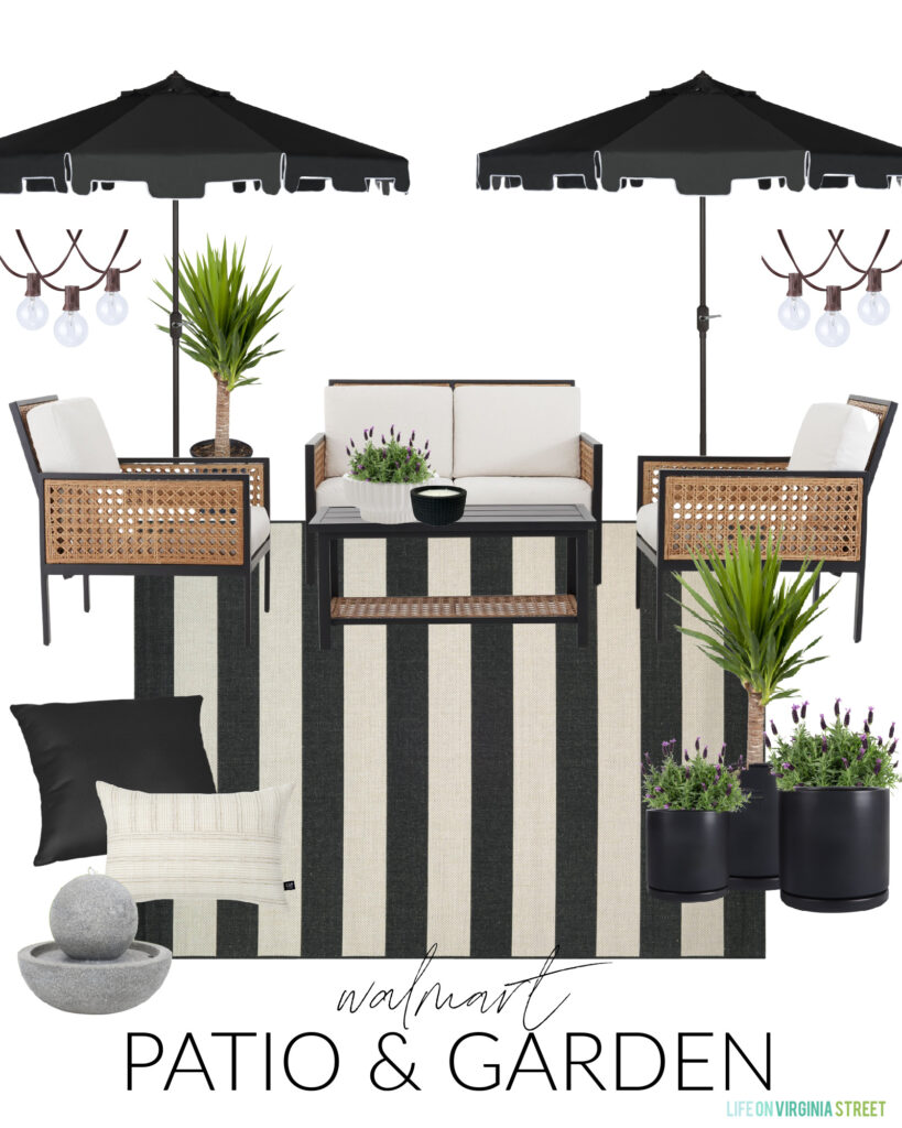 A black and white patio design board featuring cane style Walmart patio furniture, striped outdoor rug, yucca plants, black ceramic planters, a resin tabletop fountain, string lights and coordinating outdoor pillows.