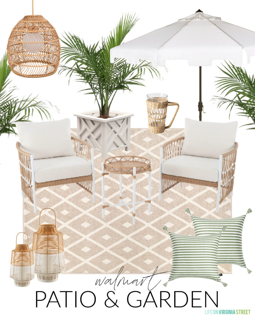 Neutral patio furniture from Walmart with a woven pendant light, white umbrellas, designer look for less patio furniture, neutral diamond rug, striped pillows, palm trees, and rattan accessories.