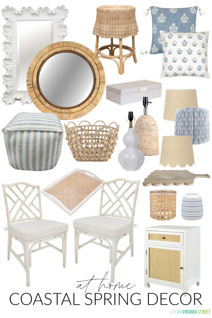Cute At Home coastal spring decor finds that are available to shop online. Includes rattan chippendale chairs, a rattan cabinet, round mirror, wavy ruffle mirror, blue and white floral pillows, a blue and white striped ottoman cube, scalloped lamp shades, pleated fabric lamp shades, a scalloped serving board, rattan side table and more!