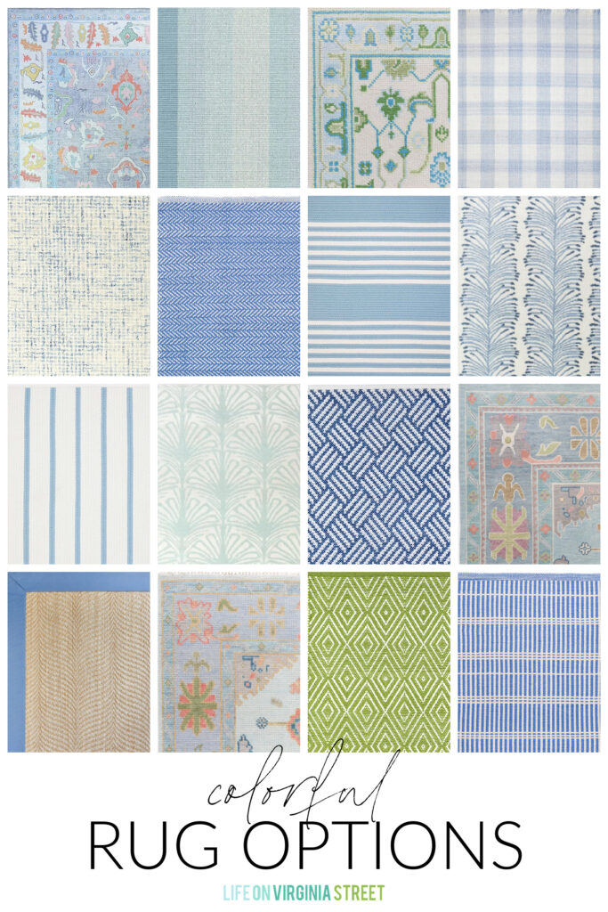 A collection of colorful rugs in shades of blue, green, pink, coral and more! Perfect for adding some bright and cheerful colors to your floors!