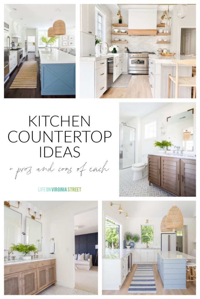 Kitchen countertop ideas along with the pros and cons of each countertop style. Sample photos include coastal kitchens and bathrooms to show examples of each type of countertop discussed.