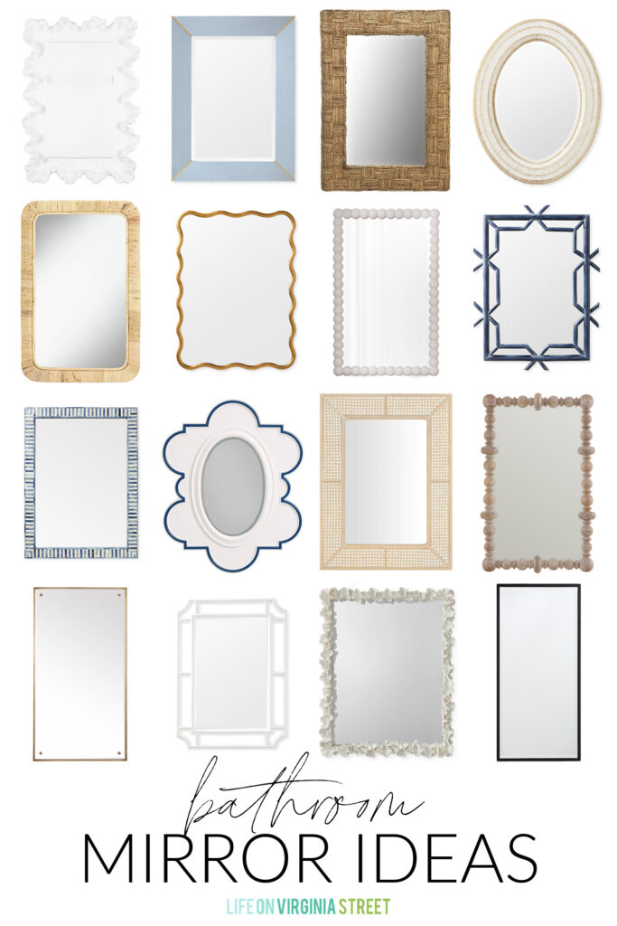 A beautiful collection of coastal bathroom mirror ideas, including rattan  mirrors, coral style mirrors, cane mirrors, chippendale mirrors, metal mirrors and more!