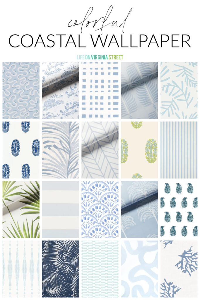 Examples of beautiful colorful coastal wallpaper ideas, with patterns such as palm leaves, blue stripes, coral, block print, paisley, and more!