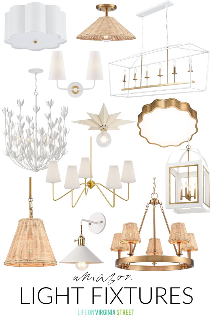 My favorite designer style light fixtures from Amazon! Includes a matte white chandelier, scalloped light fixtures, rattan pendant lights, a star light fixture, a round rattan chandelier, white sconce, and white and gold lantern pendant light!