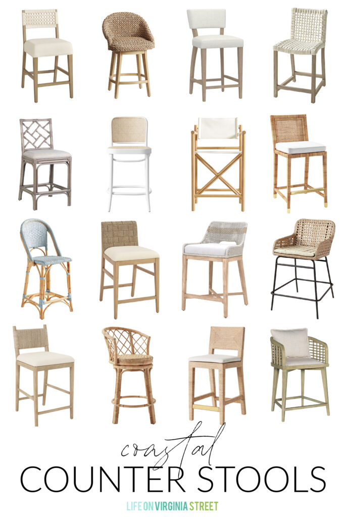 A collection of my favorite coastal counter stools! Includes rattan counter stools, seagrass stools, woven rope stools, wood and upholstered stools, and director chair style stools!